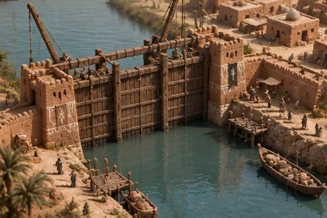 Larun: pintu air kayu raksasa menahan kanal di samping kota kecil