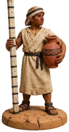 Figur Water Priest dengan tongkat ukur bertanda dan kendi air