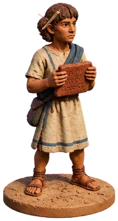 Figur Scribe muda memegang tablet basah