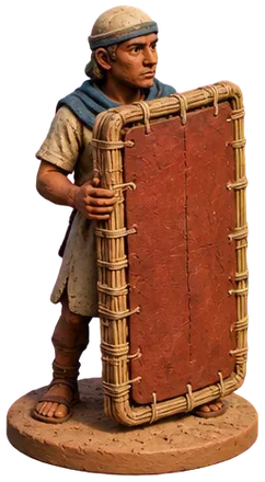 Figur Shield-bearer di balik perisai anyaman berlapis kulit